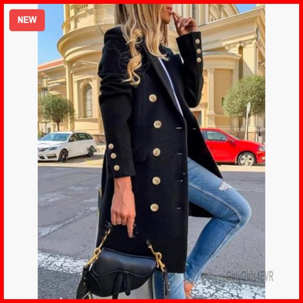 Wool Pea Coat Double Breasted Midi Trench Coat Fall Winter Slim Fit - Picture 2 of 5